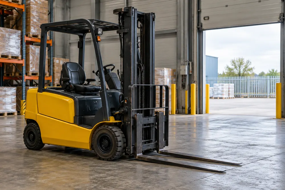 Counterbalance forklift at the entrance to a commercial warehouse