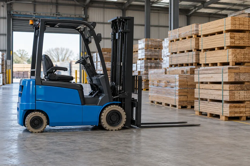 Electric forklift beside pallets in a distribution centre