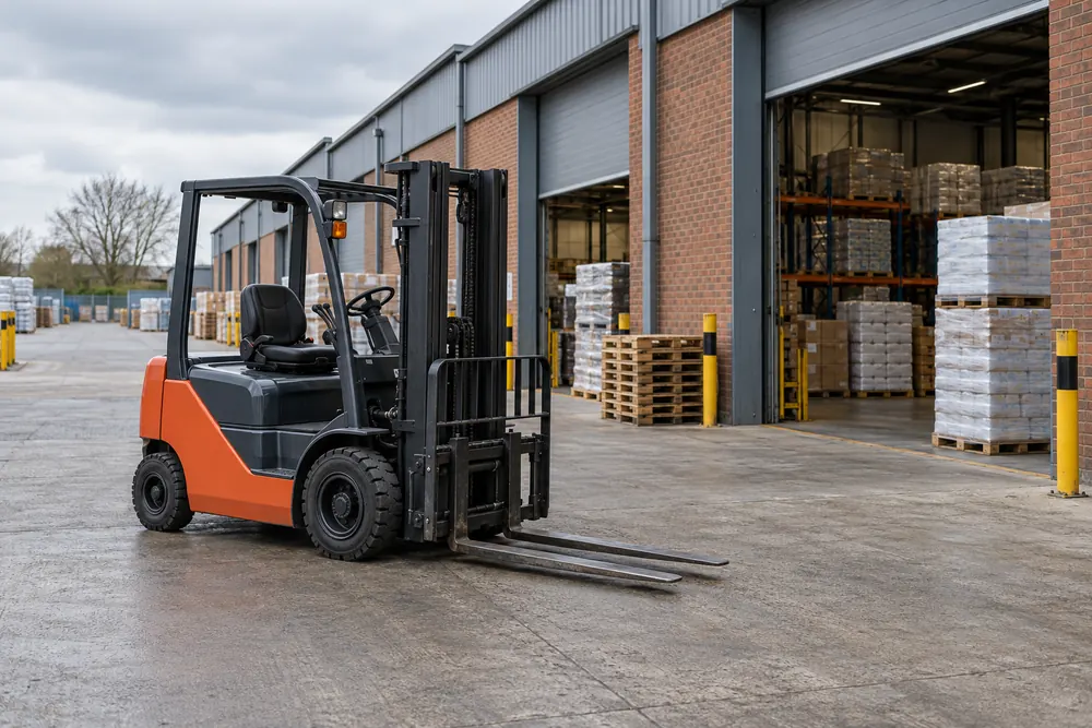 Industrial warehouse loading bays with a parked forklift
