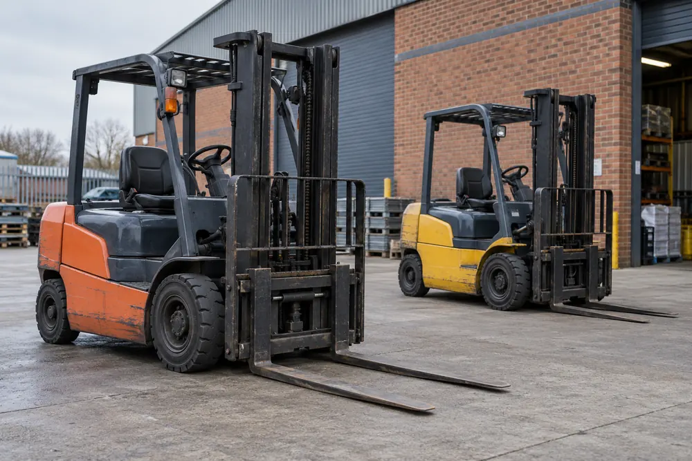 Used counterbalance forklifts parked with lowered forks in an industrial yard